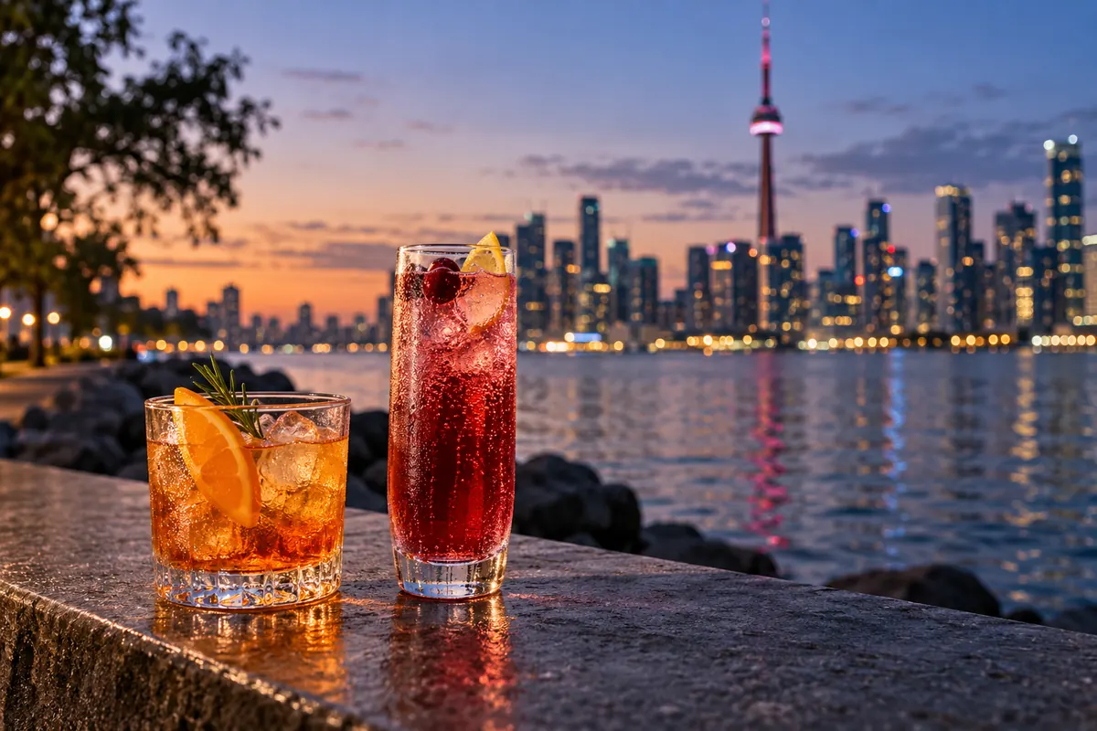 Amber cocktail and ruby sparkling drink beside Lake Ontario at dusk