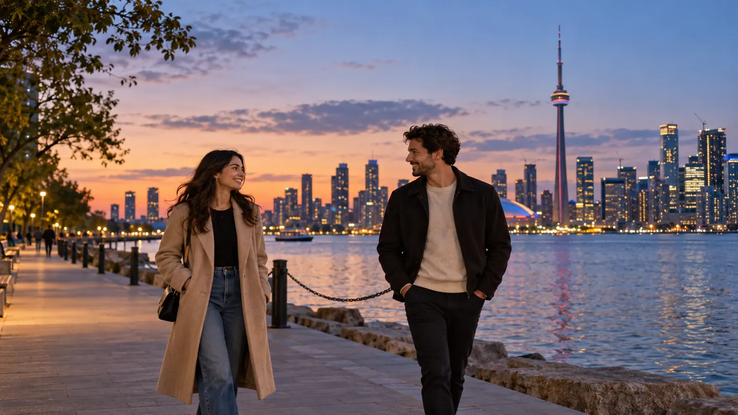 Two people meeting for an evening walk beside the Toronto skyline