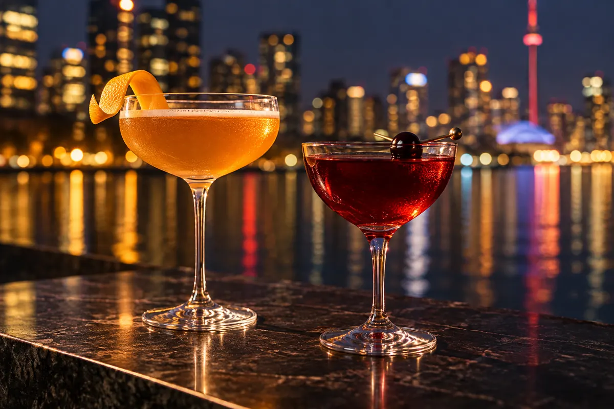 Illustrative amber and ruby cocktails against soft Toronto evening lights