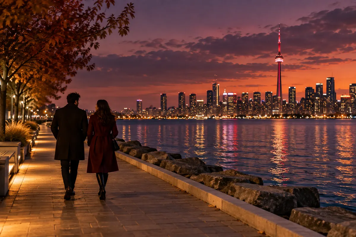Illustrative couple walking beside Lake Ontario at sunset with Toronto lights beyond
