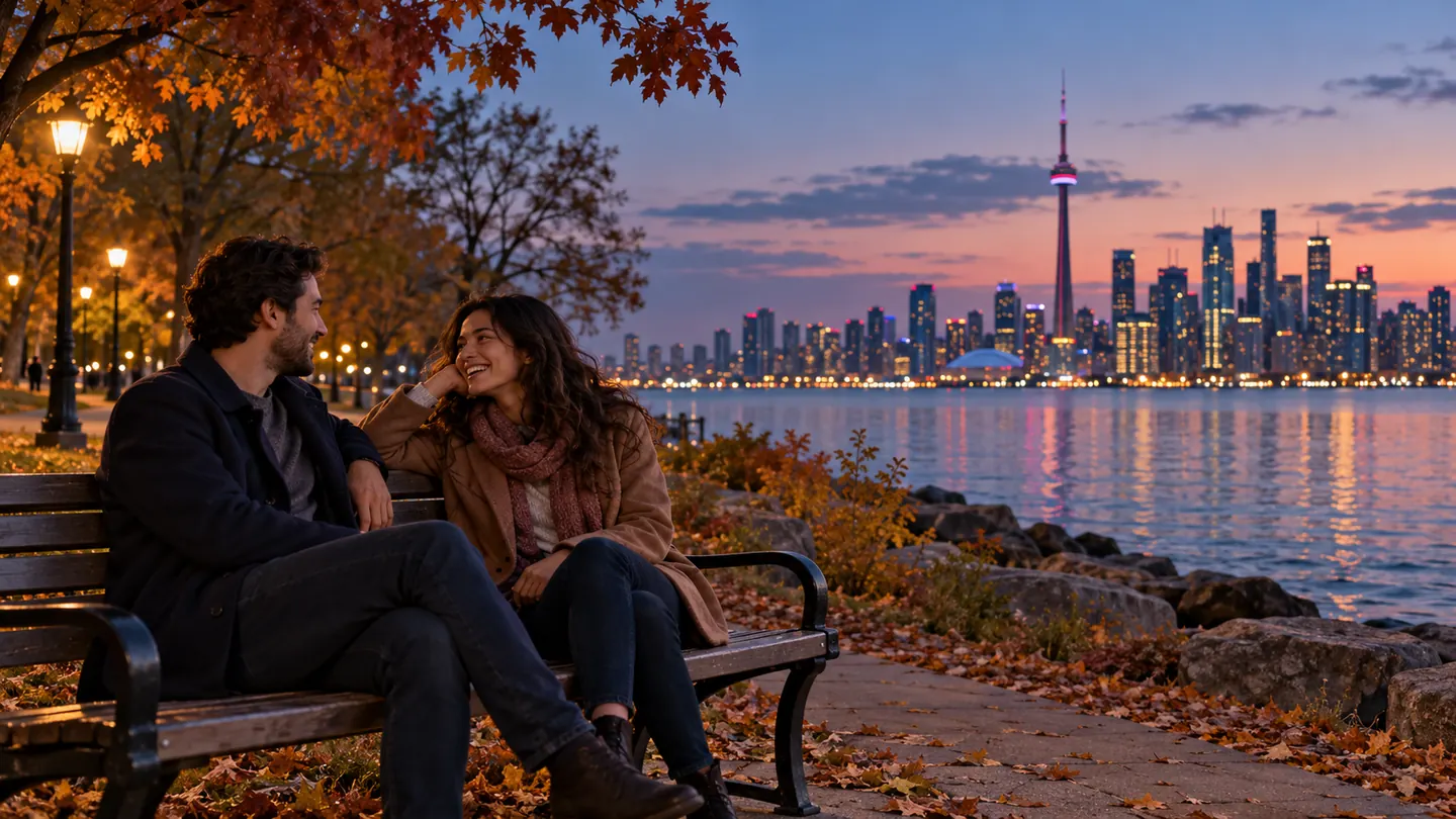 Two people sharing an easy conversation beside Lake Ontario at dusk